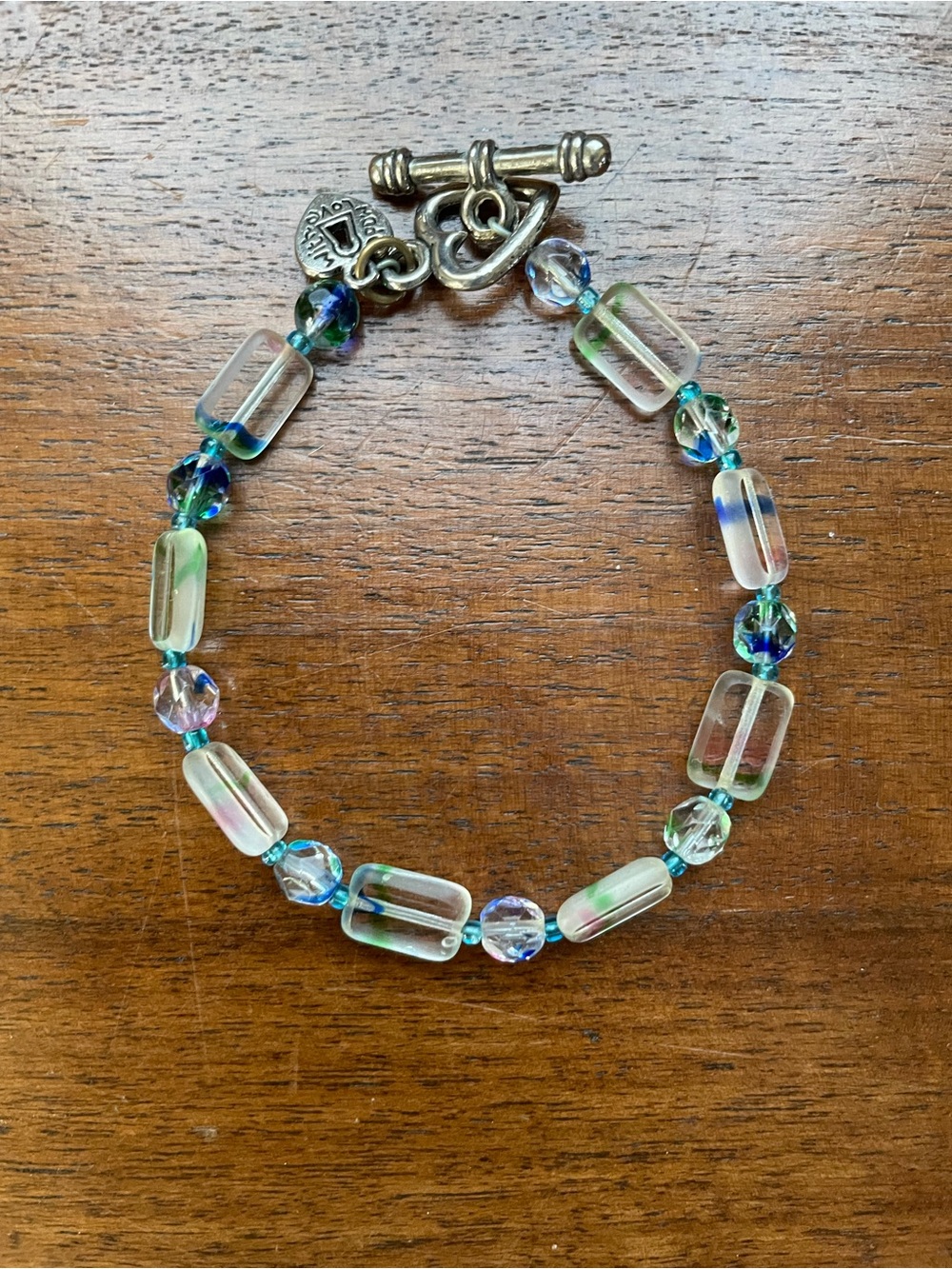 Glass Bead Toggle Bracelet in Iridescent Blue-Green